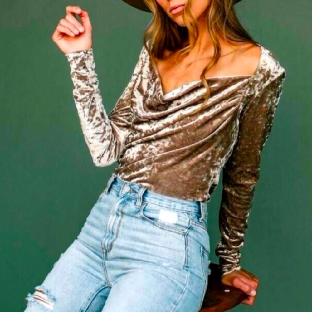 Free People “Date Night” Crushed Velvet Cowl Neck Blouse